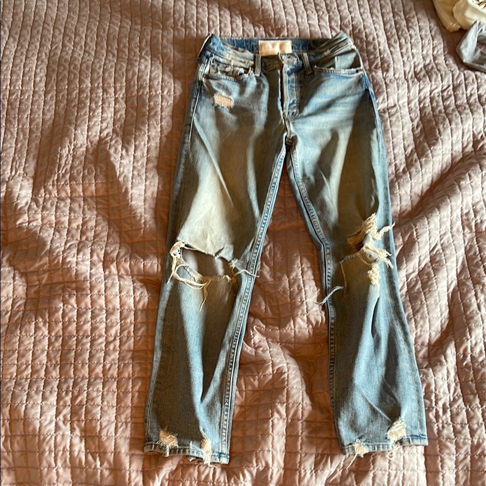 MOTHER Blue Straight Leg Jeans with Distressed Details